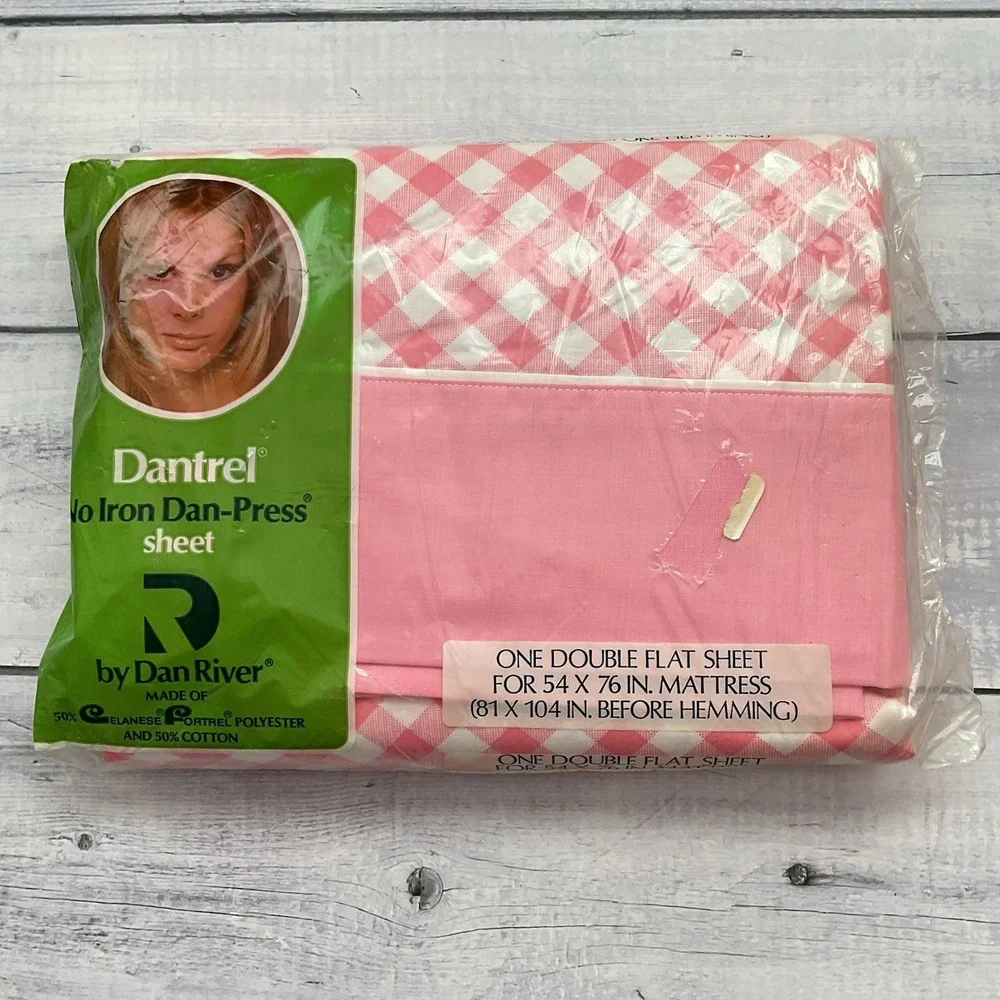 Dantrel Dan River Double Sheet Set Flat Fitted‎ Pillowcases Pink White Check VTG